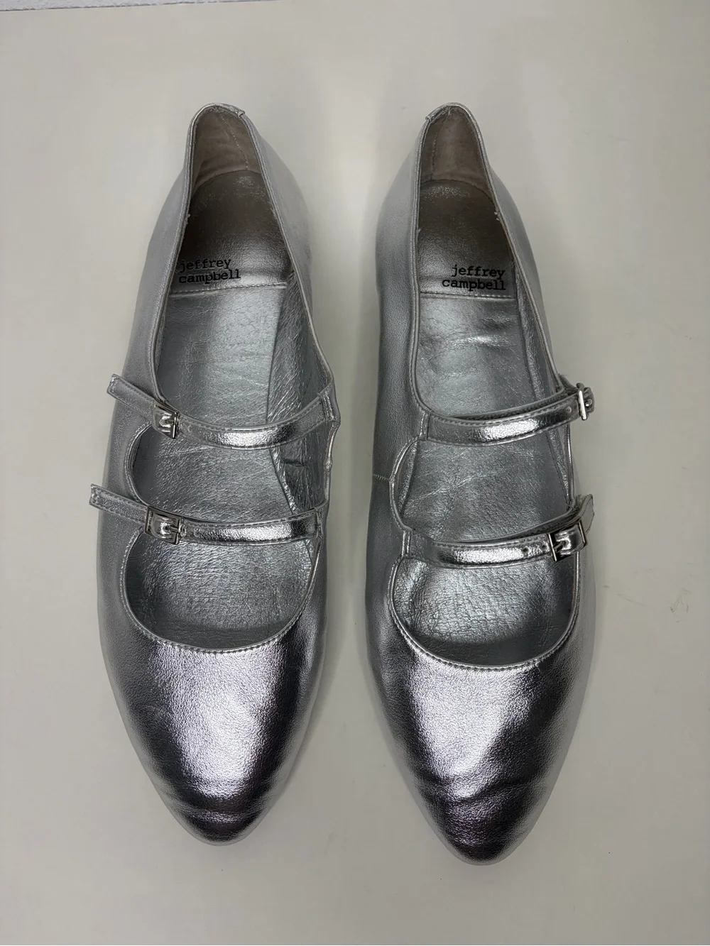 Jeffrey Campbell Satine Metallic Silver Double-Strap Mary Jane Flats size 9